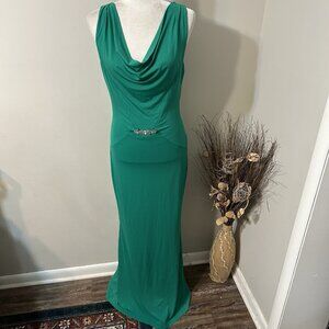 MANGO Suit Women Gown Dress Maxi Green Cowl Neck Sleeveless Lined Brooch Sz S